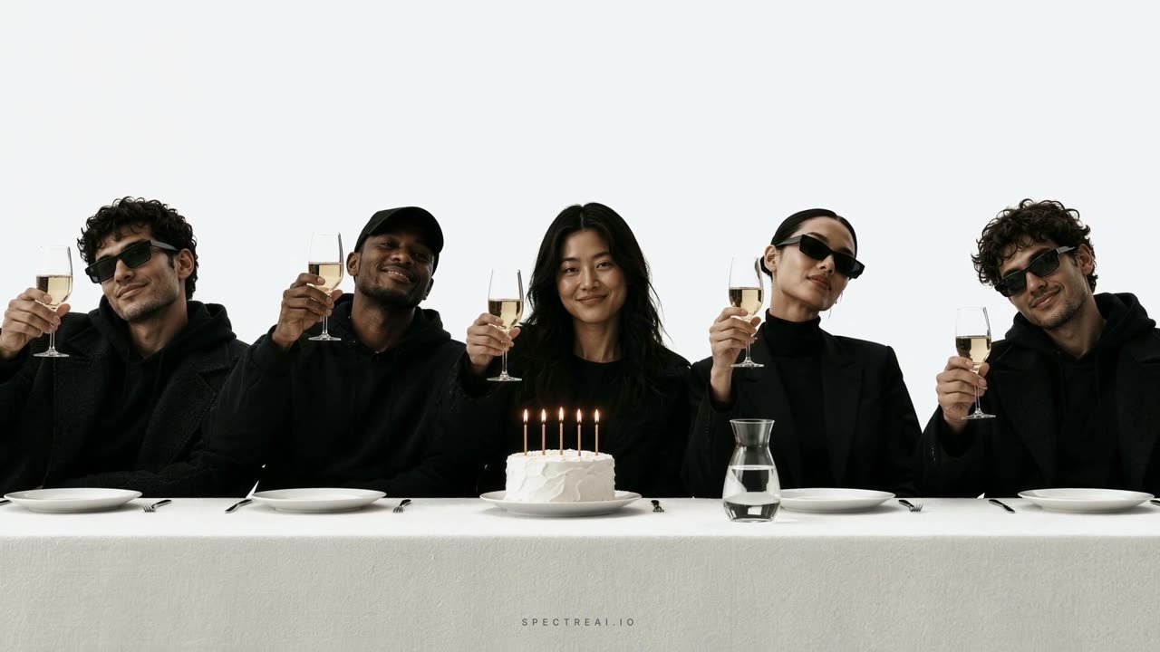 The Crew at a long dinner table raising their glasses