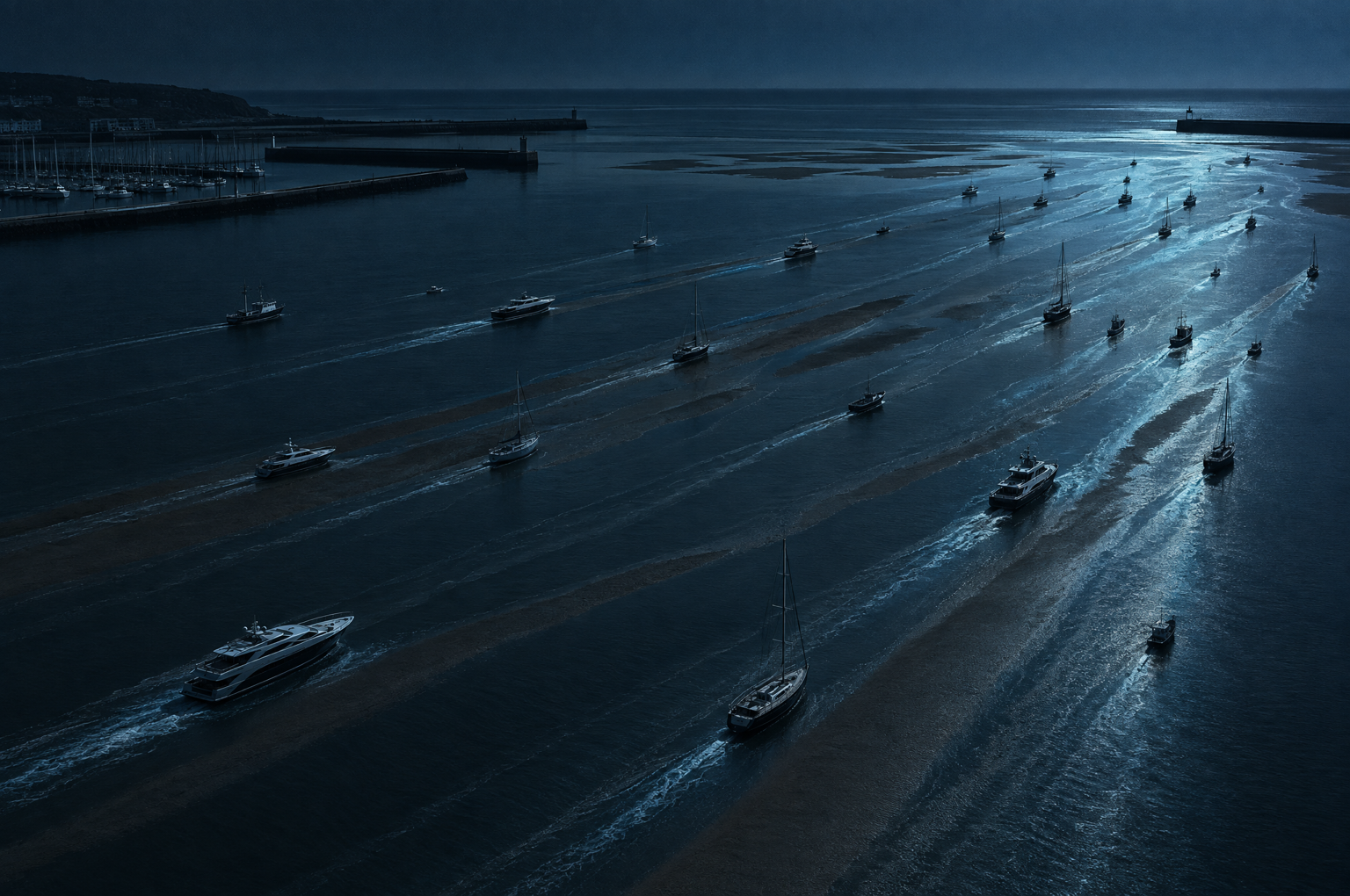 Conceptual illustration of a dark harbour at night where a receding tide draws boats of every size out to sea along parallel wakes.