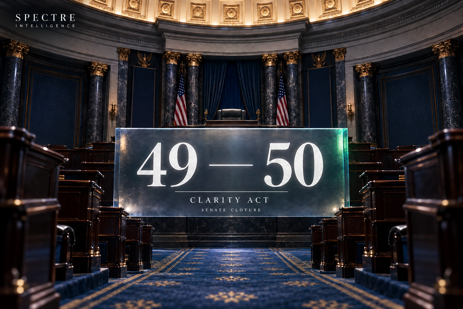 Spectre Intelligence conceptual chamber illustration with a glass panel displaying the 49–50 CLARITY Act Senate cloture result.