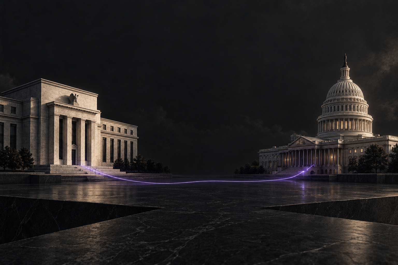 Conceptual illustration of the Federal Reserve and US Capitol connected by a thin violet light.