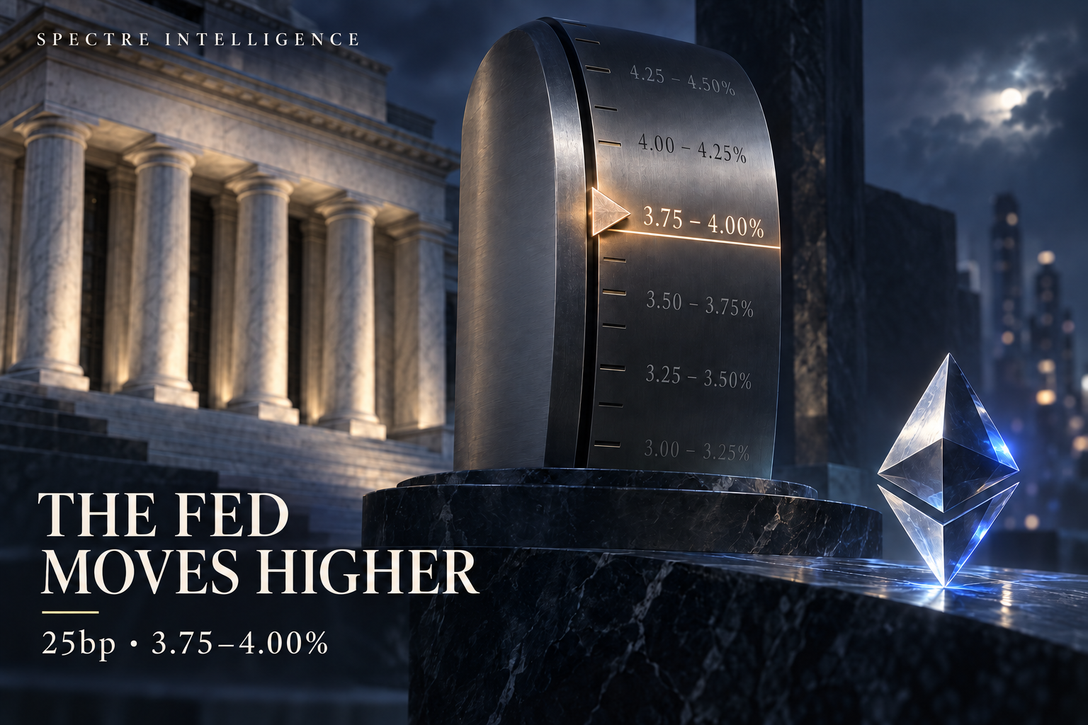 Conceptual Spectre Intelligence illustration of a monetary-policy dial highlighting 3.75–4.00%, beside classical columns and an Ethereum crystal.