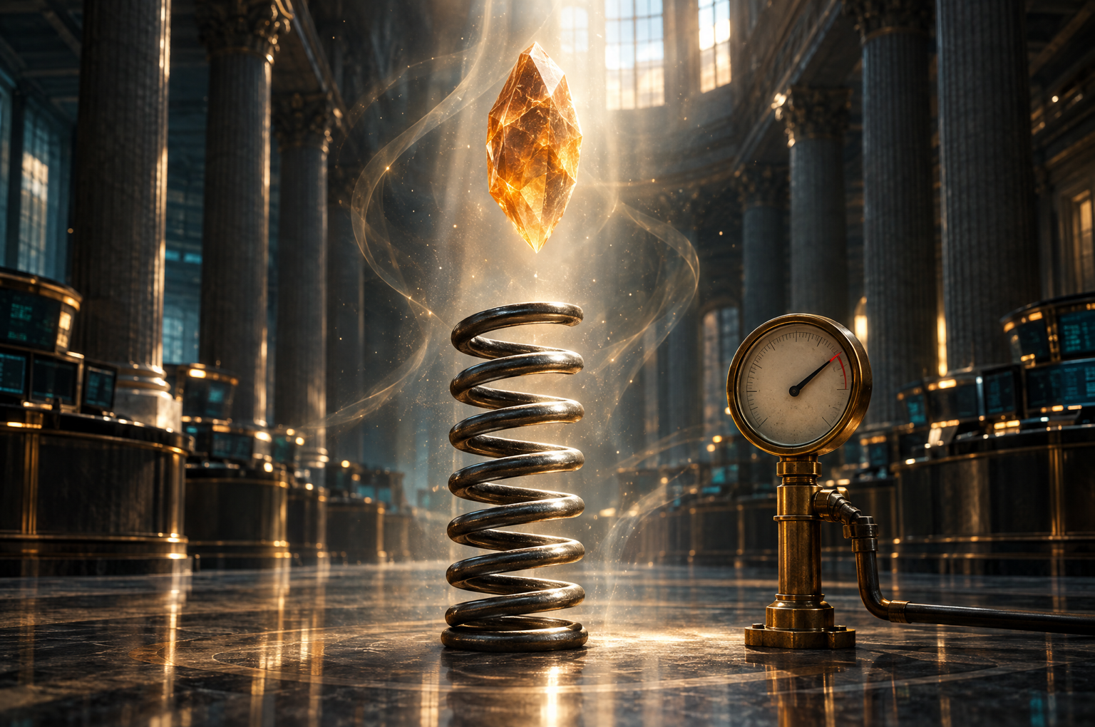 Conceptual Spectre Intelligence illustration of a released coil spring and a pressure gauge swung to the right beneath an amber crystal, in a dark columned hall.