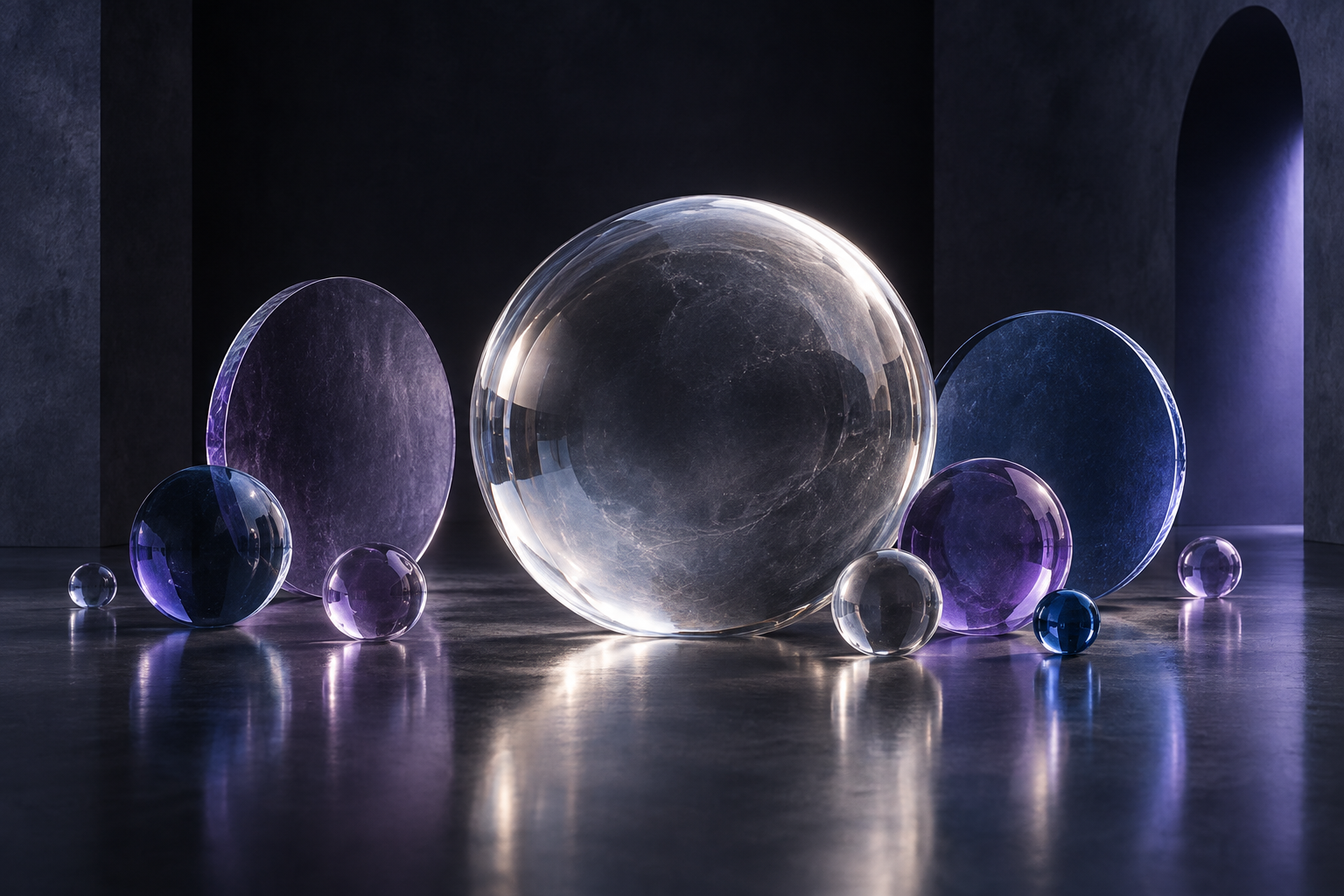 A large clear glass sphere surrounded by smaller violet and blue spheres and upright glass discs in a dark reflective studio.