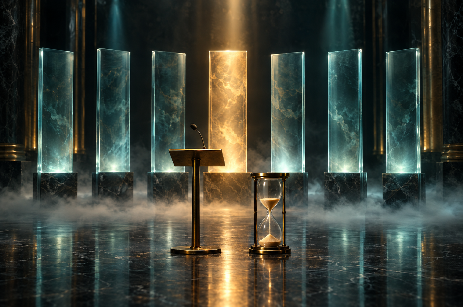 Conceptual Spectre Intelligence illustration of seven lit glass panels standing in a dark marble hall, with a brass lectern and an hourglass in the foreground.