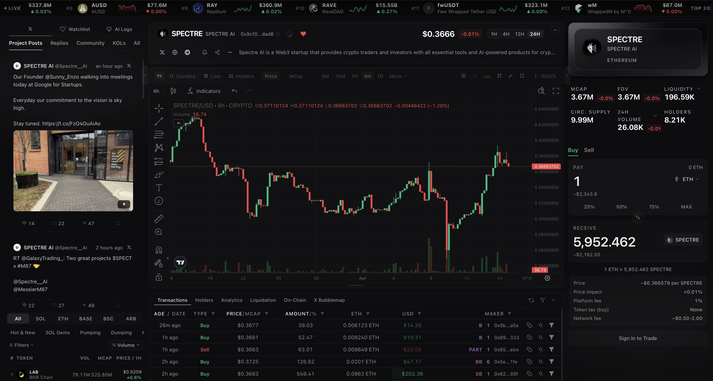 Spectre Trading-Workspace mit einem Asset-Chart, Transaktionen, Watchlist und Token-Liquiditätsinformationen